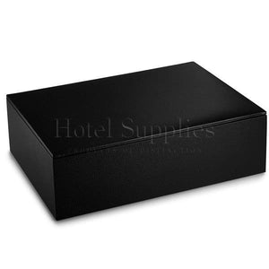 Large black leather stationary box for hotel desks