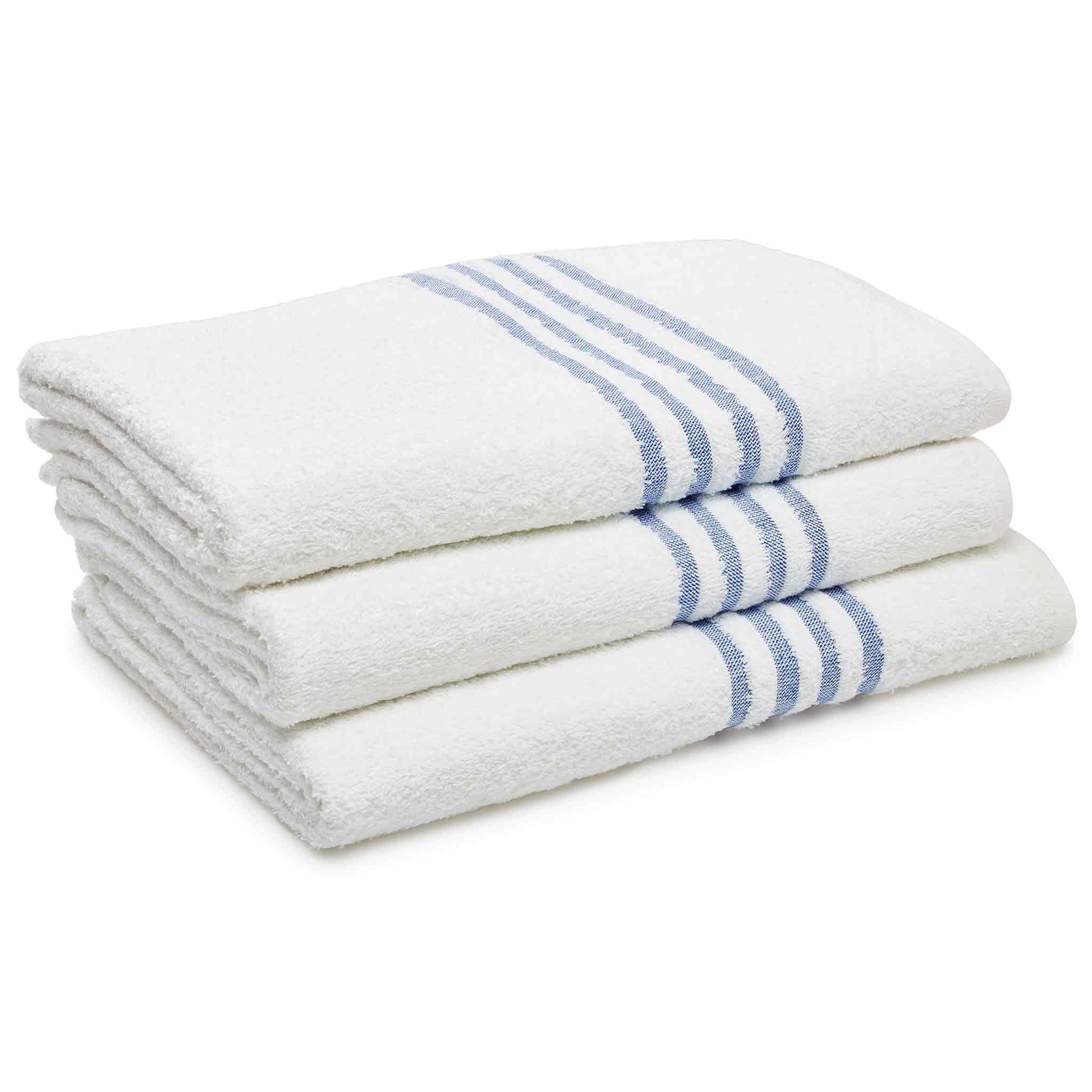 Stack of white leisure and spa towels with blue stripes