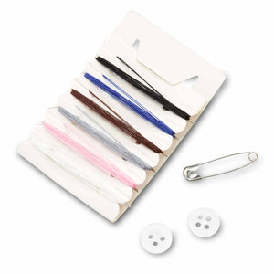 Sewing kit contents including needles, coloured string, buttons and safety pin