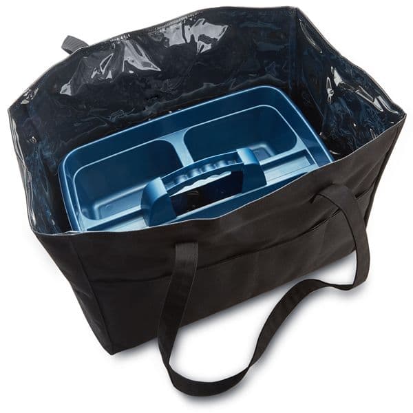 Black maid bag with cleaning caddy inside