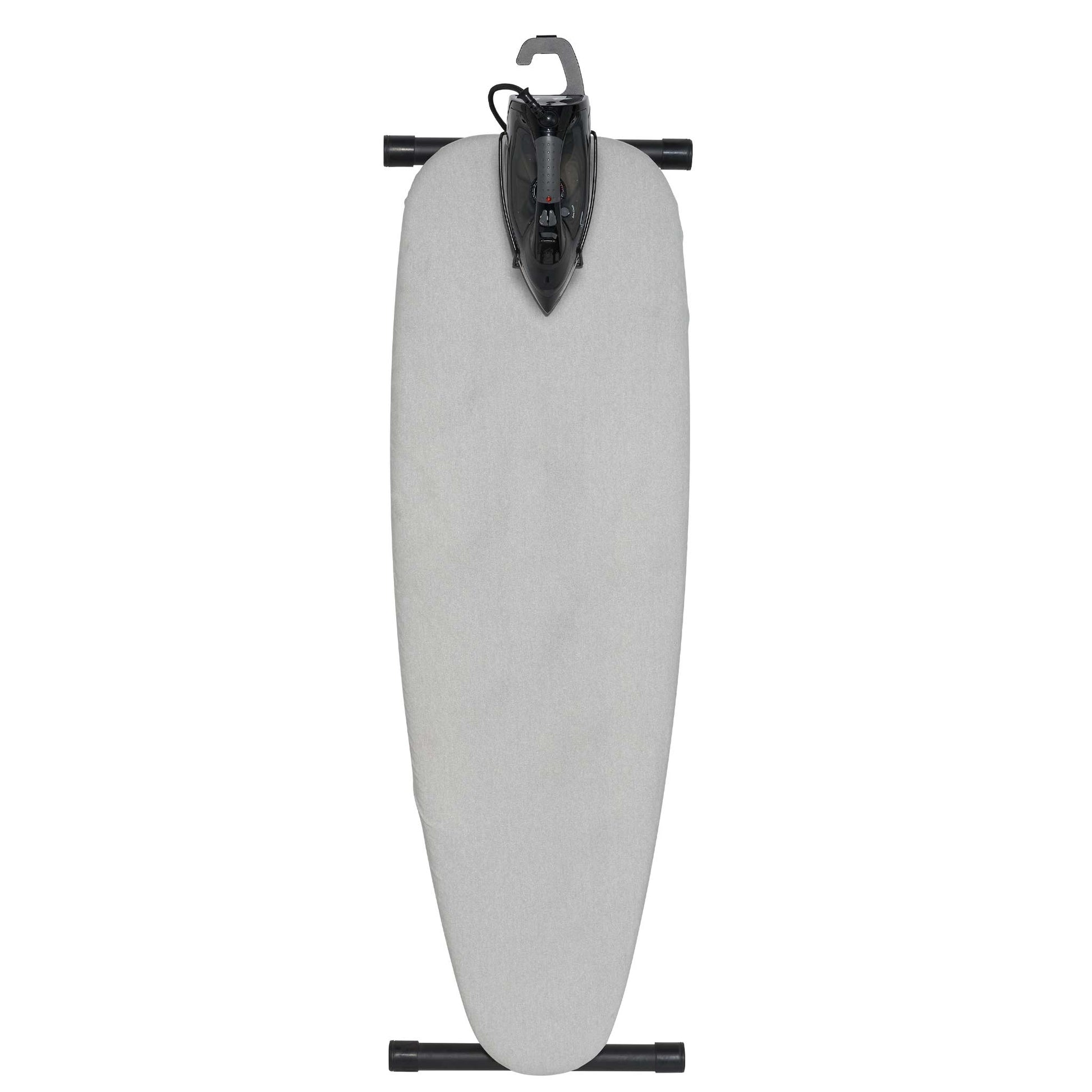 Corby Oxford Premium Ironing Centre folded flat in light grey with 2000W steam iron and integrated hanger hook for hotel storage