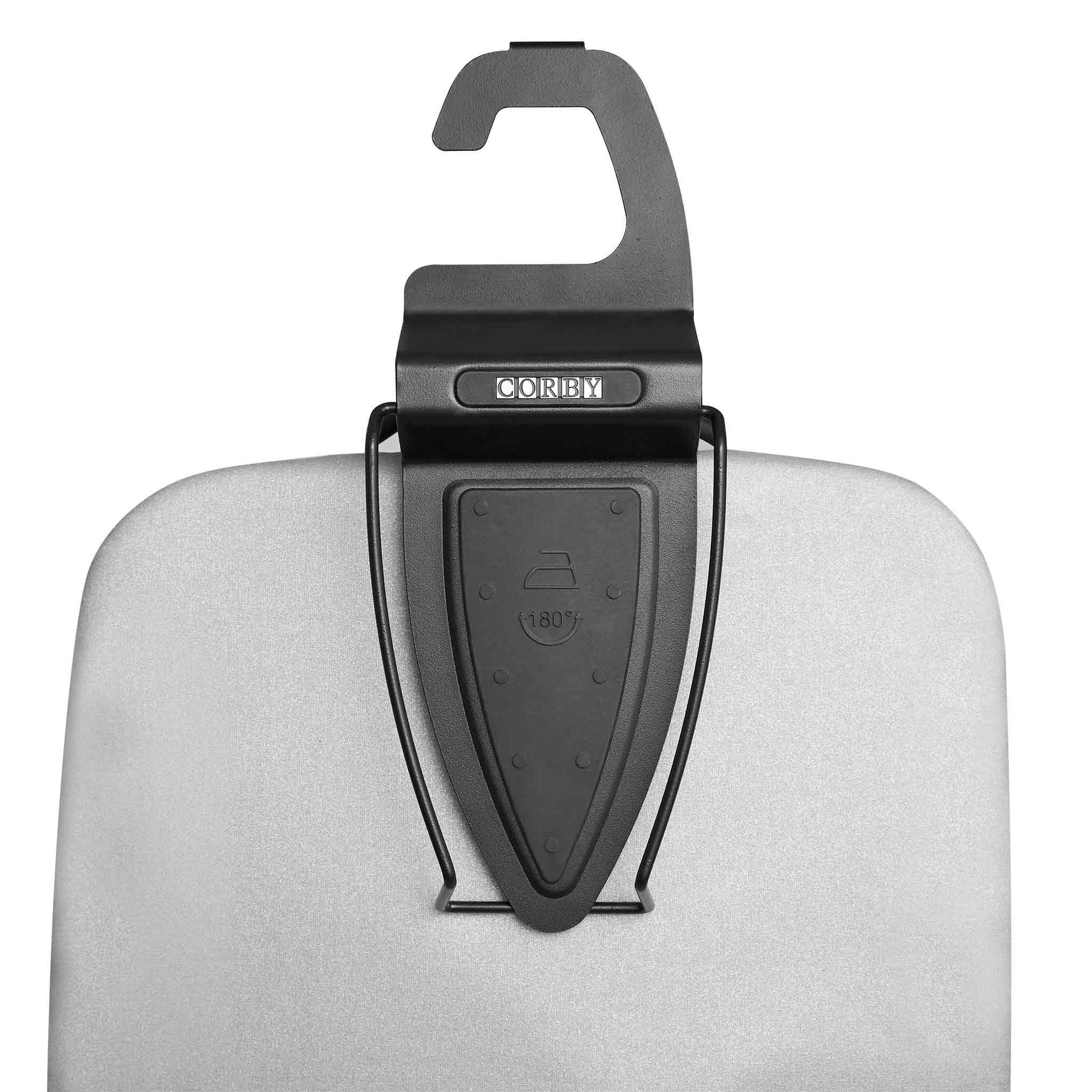 Close-up of Corby Oxford Premium Ironing Centre with 180° swivel hanger hook and integrated iron rest on light grey board