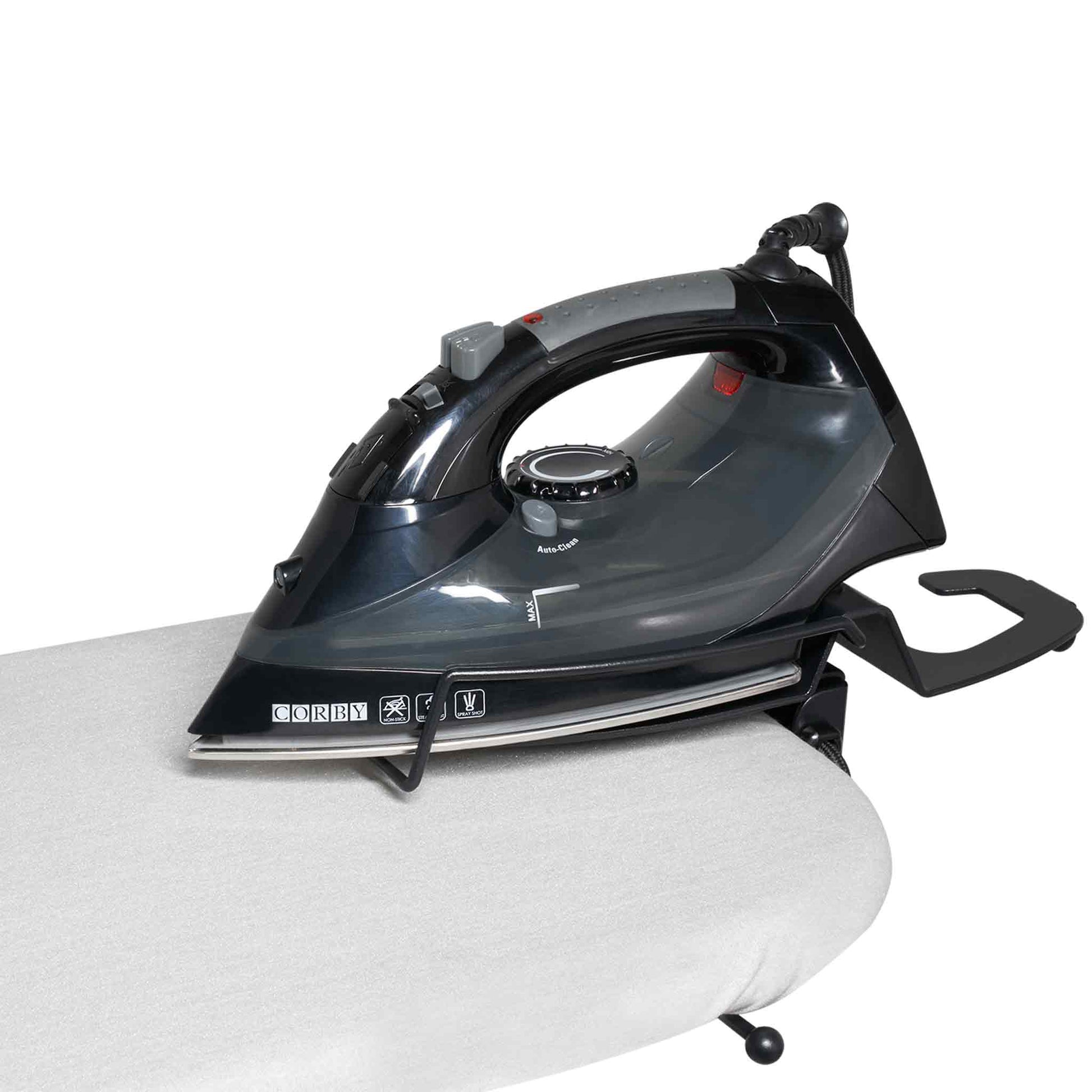 Close-up of Corby 2000W steam iron on Oxford Premium Ironing Centre with integrated hook and heat-resistant soleplate rest