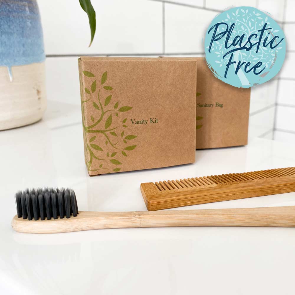 Plastic free guest amenities collection featuring bamboo toothbrush