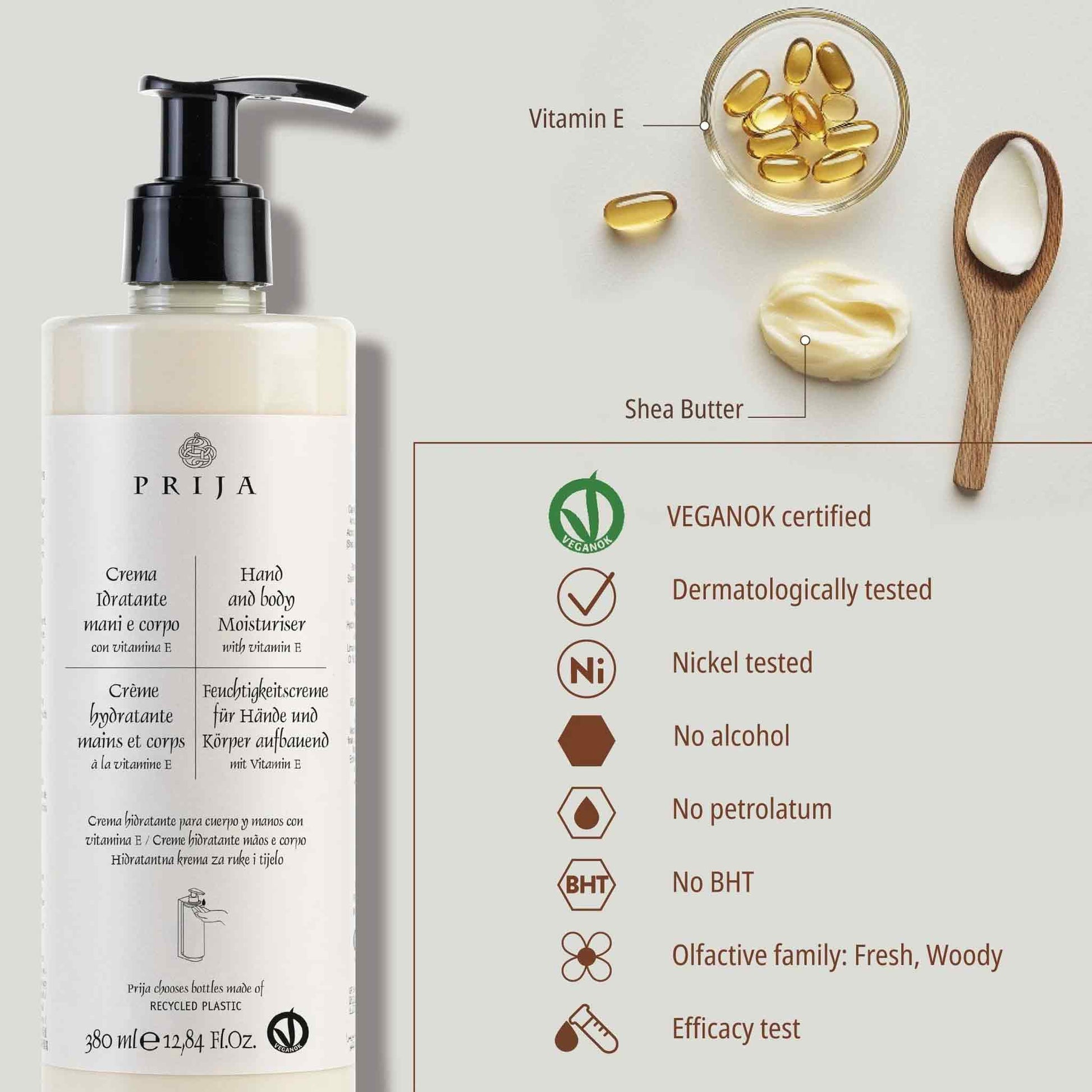 Prijia hand and body moisturizer with ingredients displayed on a light gray background
