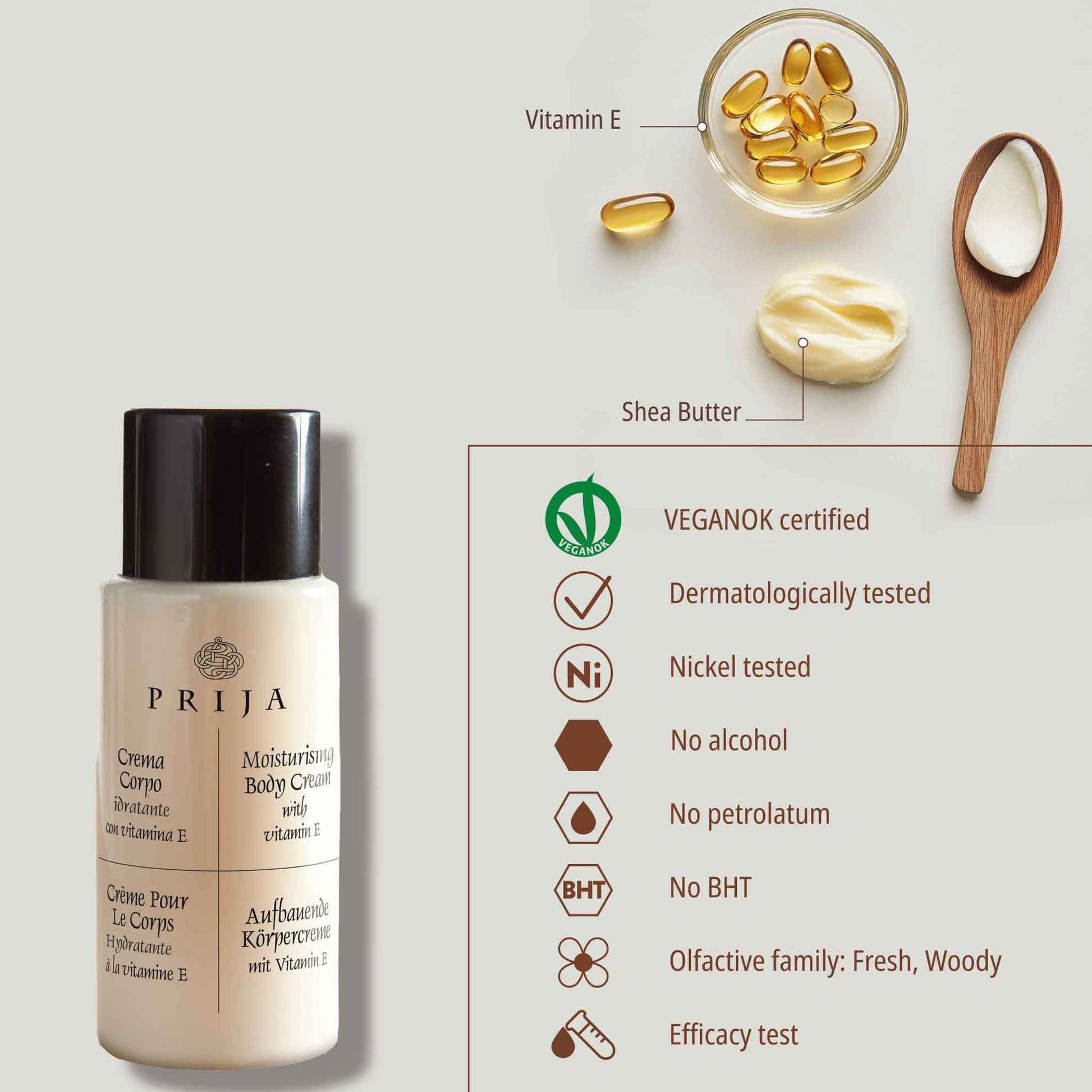 Prija 40ml body lotion with Vitamin E capsules, shea butter, and certification icons on a light background