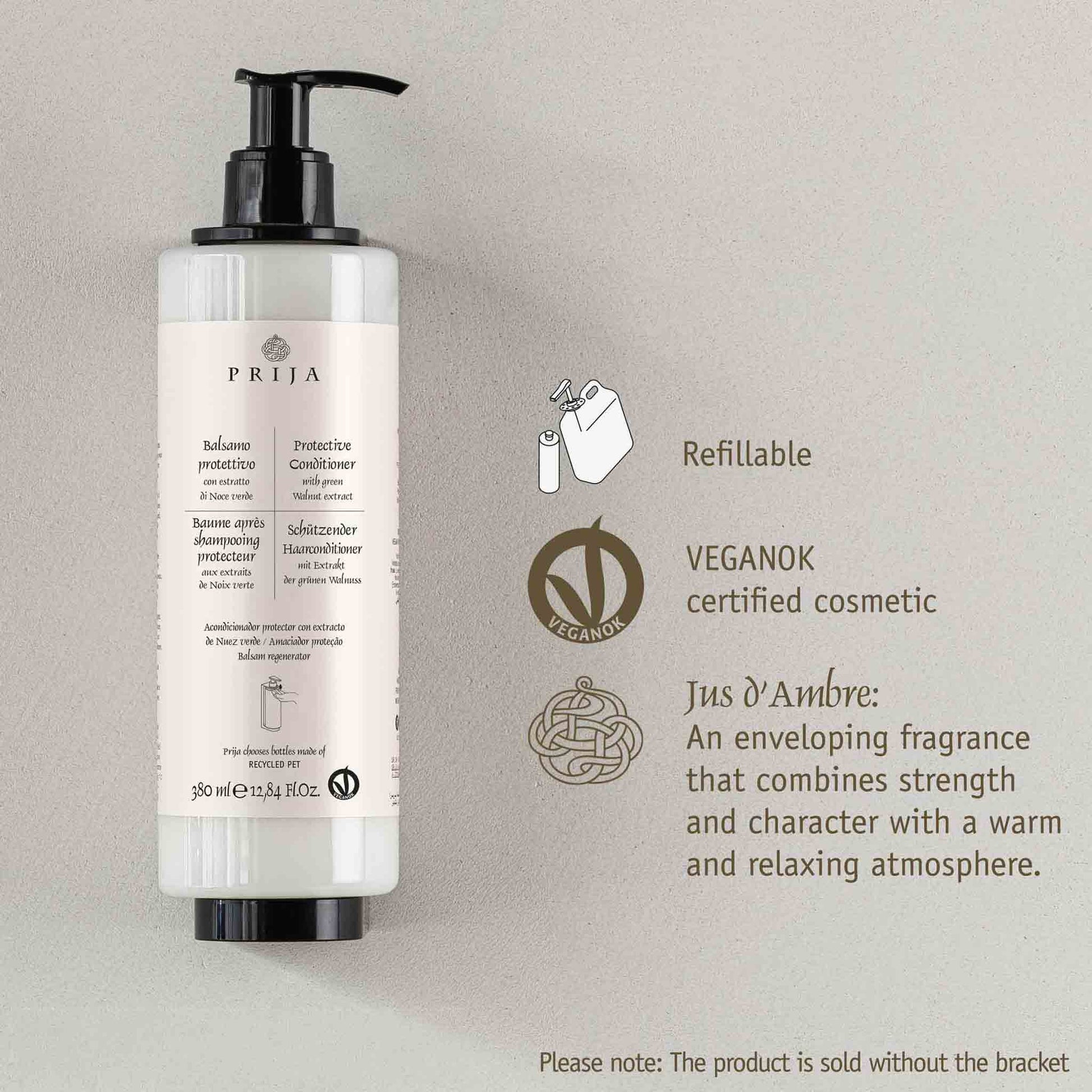 Priija refillable bottle with vegan certification on a gray background