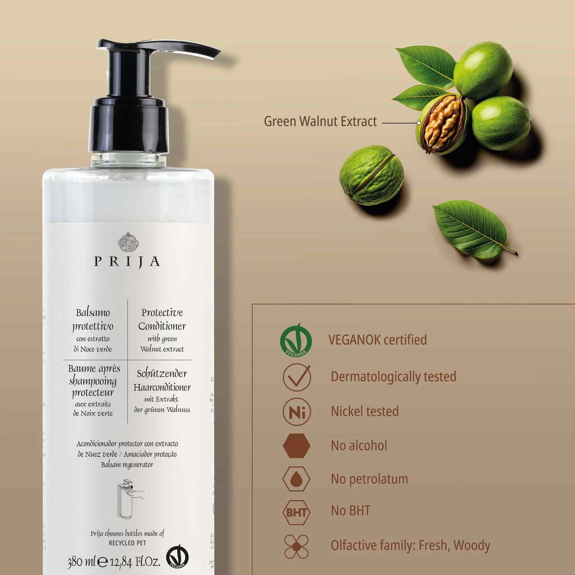 Prija protective conditioner bottle with green walnut extract on a beige background