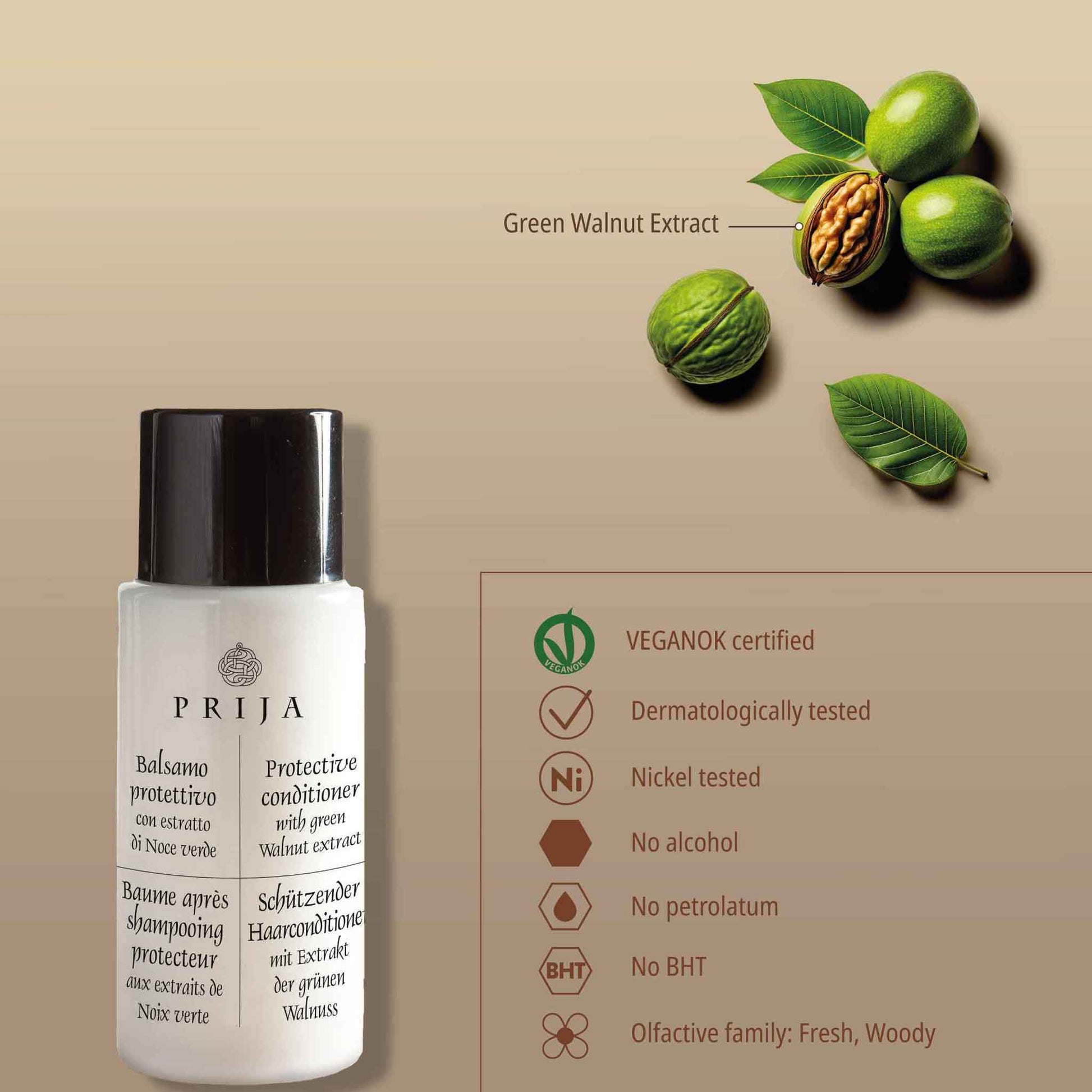 PRIJA mini conditioner with green walnut extract on a beige background