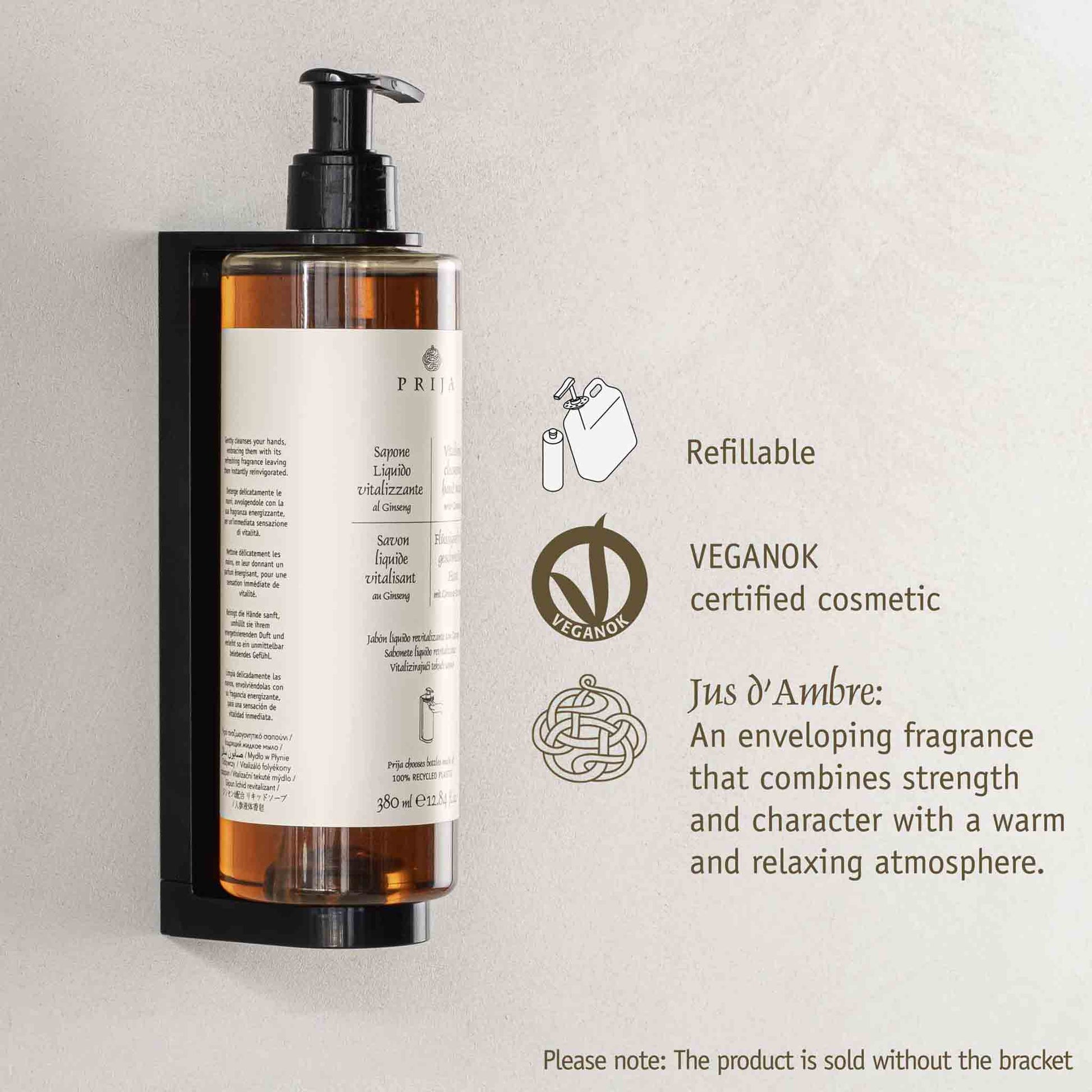 Refillable bottle with label on a light gray background, featuring vegan certification and product description.