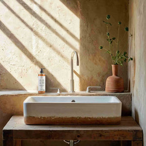 Bathroom sink with a plant and Prija hand wash against a textured wall