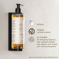 Shampoo bottle with pump on a light gray background, featuring refillable and vegan certification logos.