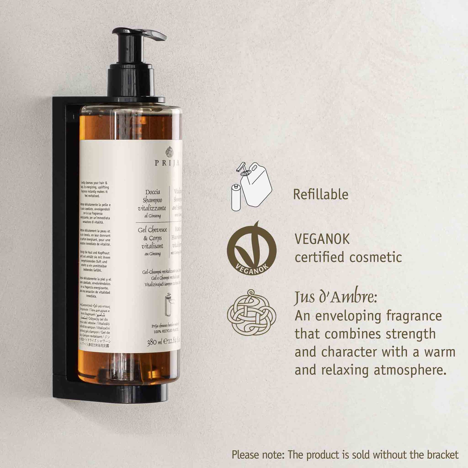 Refillable bottle with label on a light gray background, featuring vegan certification and product description.