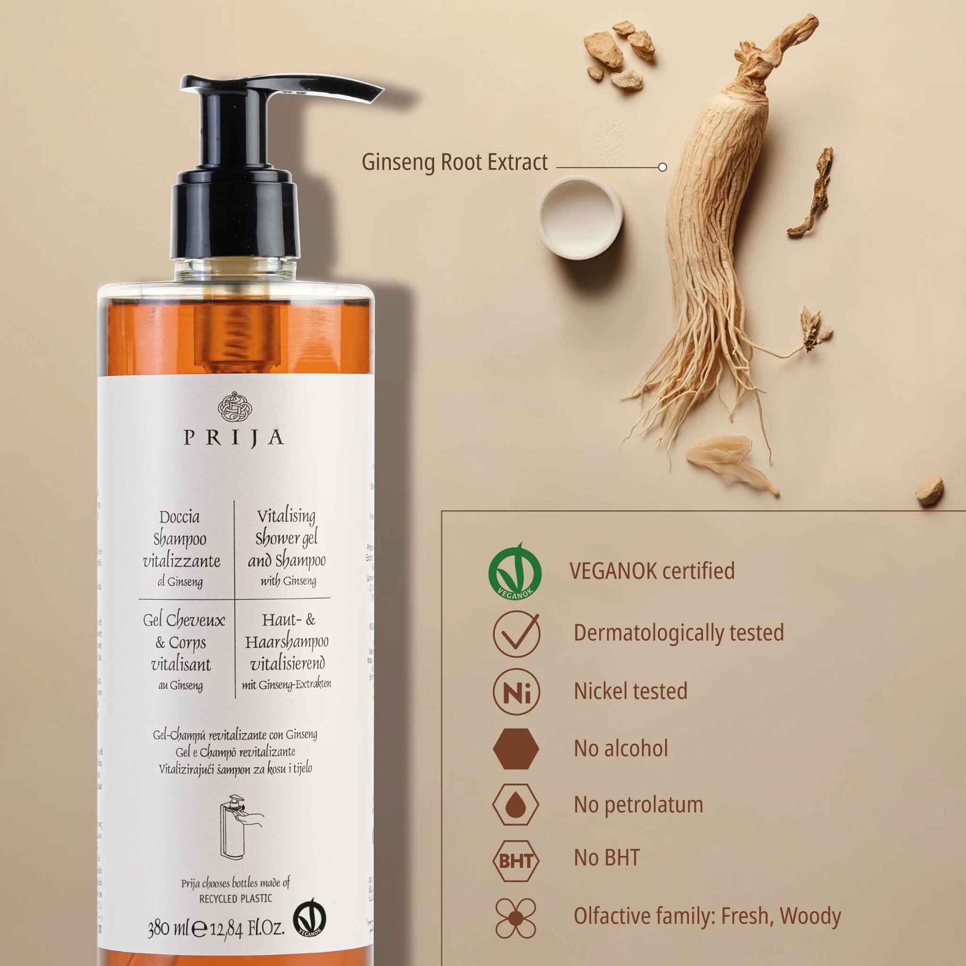 PRIJA shampoo bottle with ginseng root extract on a beige background