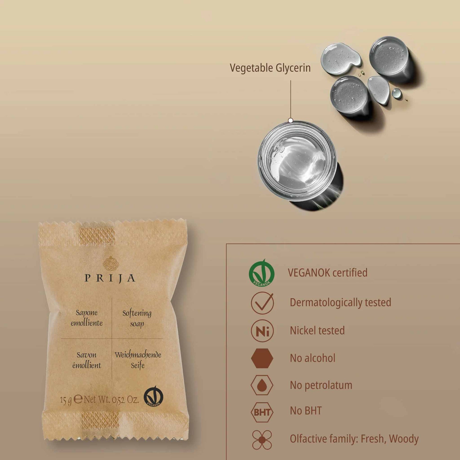 PRIJA soap packaging with vegetable glycerin and certification details on a beige background