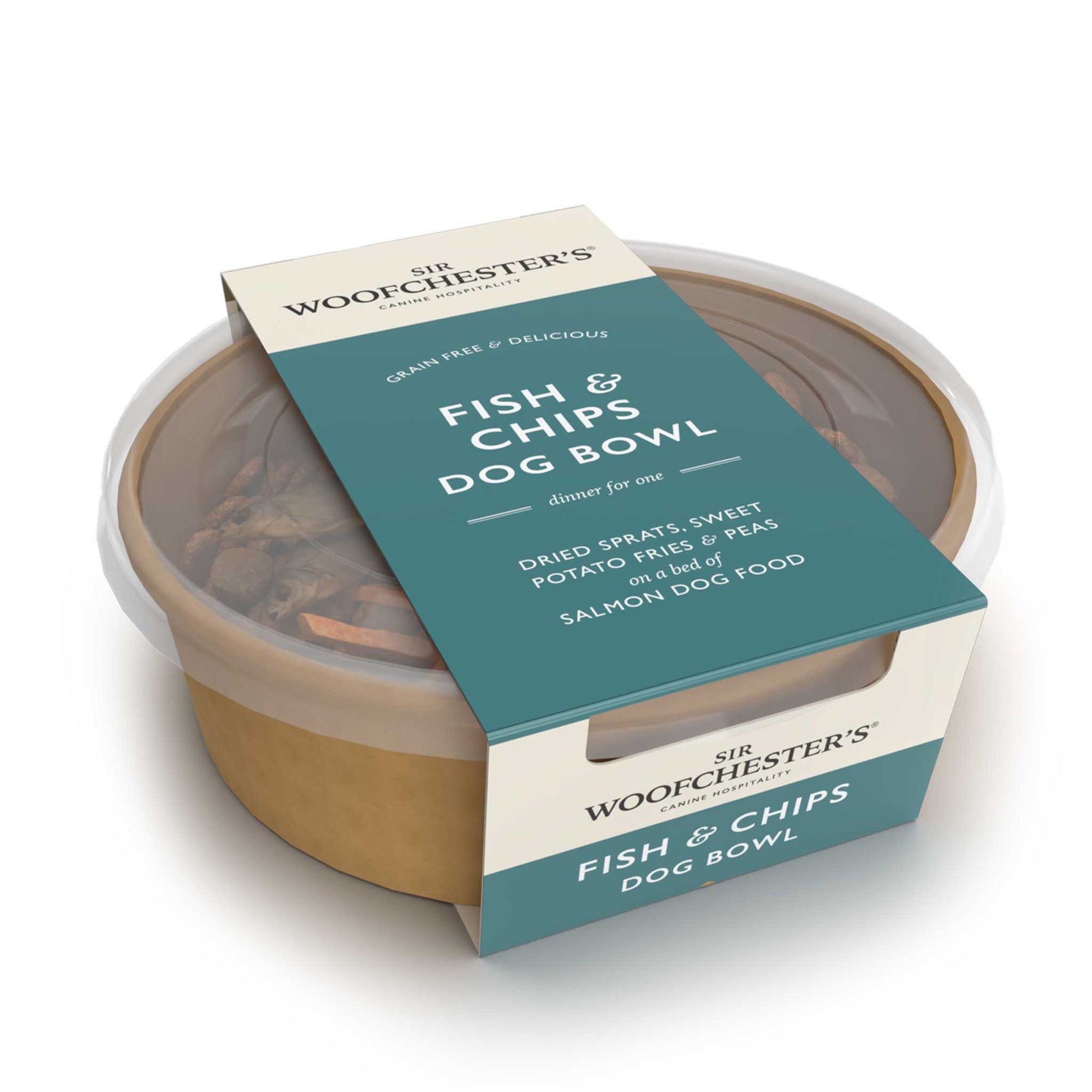 Fish and chips themed dog bowl, dog meal for hotels