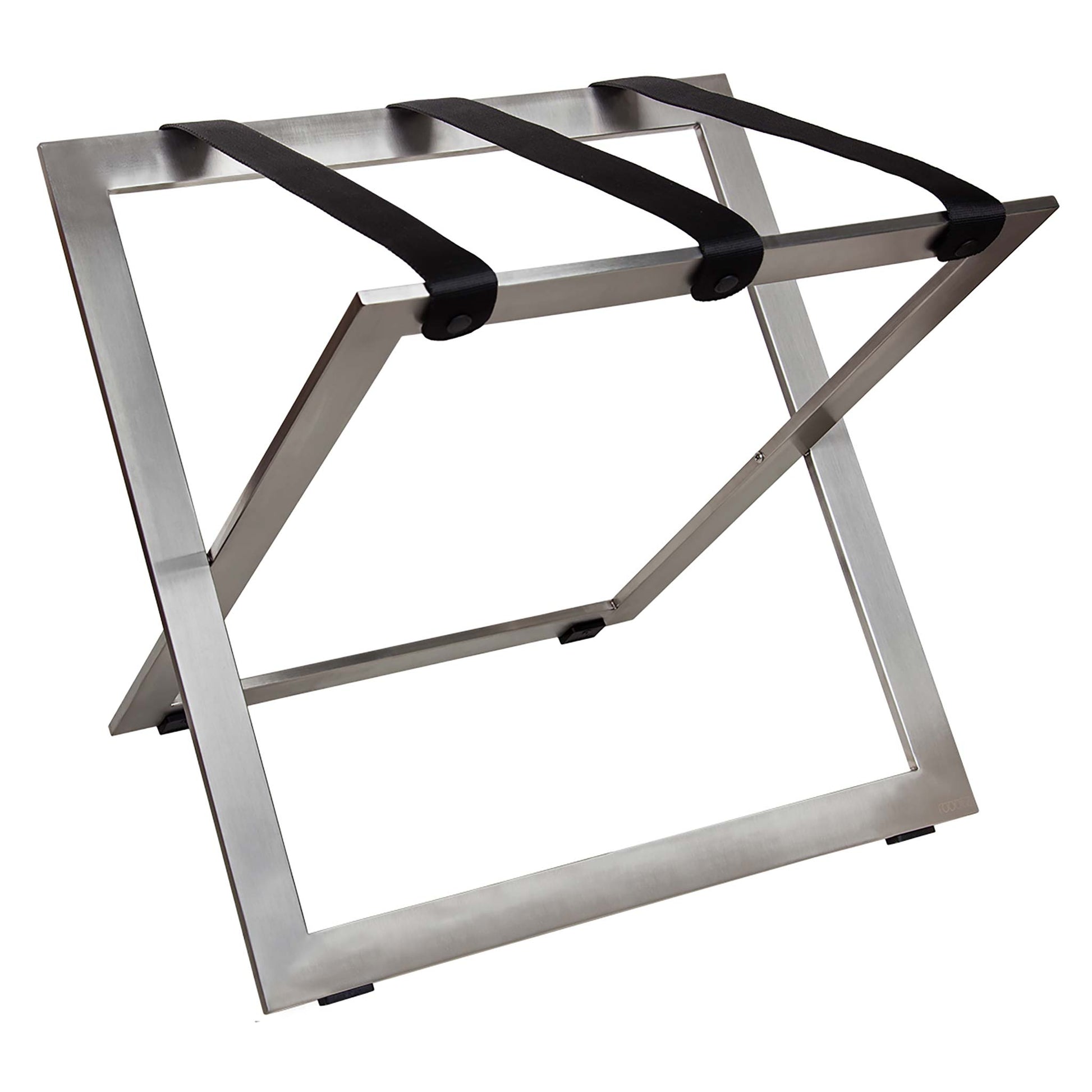 Roootz stainless steel compact hotel luggage rack with black leather straps