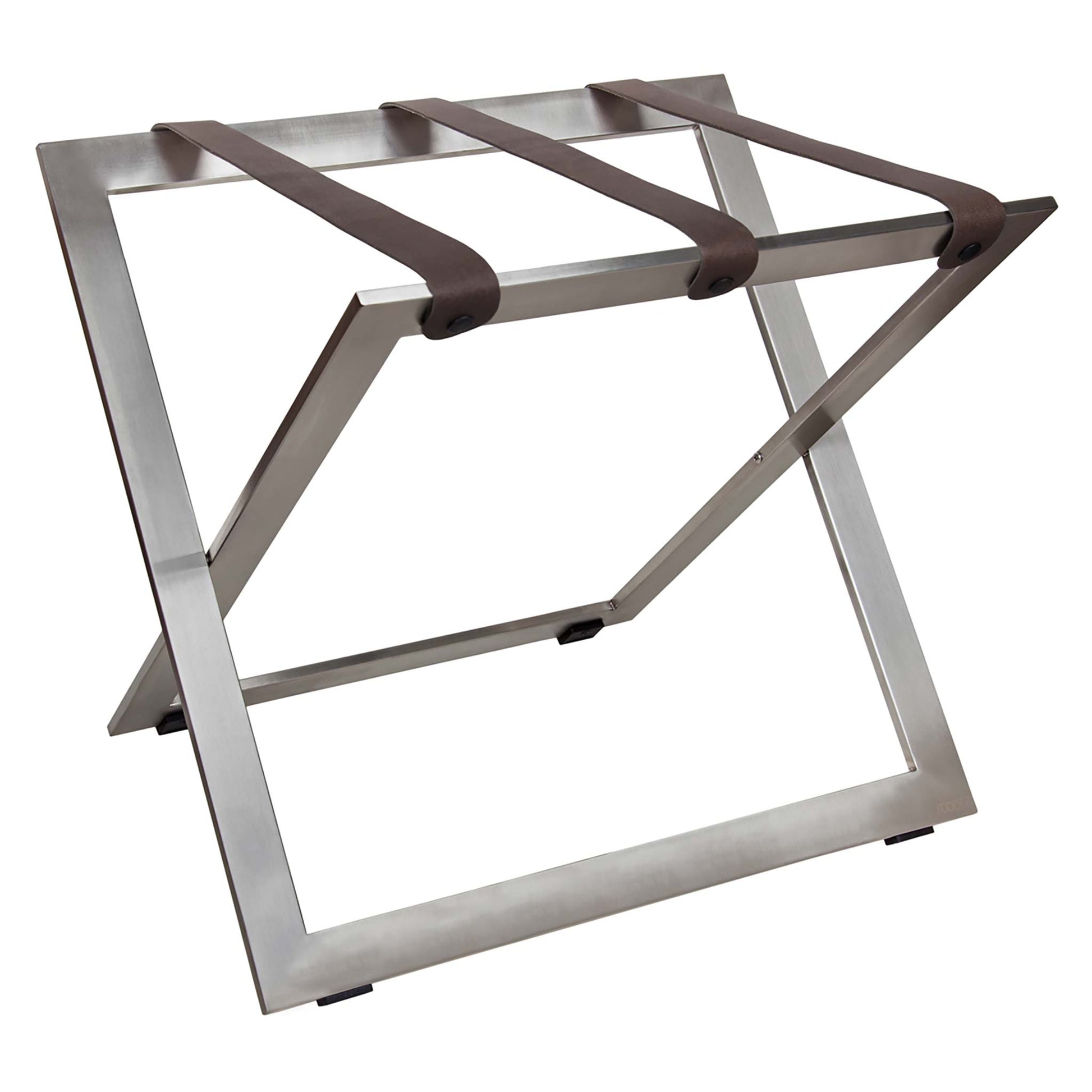 Roootz stainless steel compact hotel luggage rack with grey leather straps