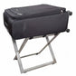 Suitcase on Roootz stainless steel compact hotel luggage rack with black leather straps