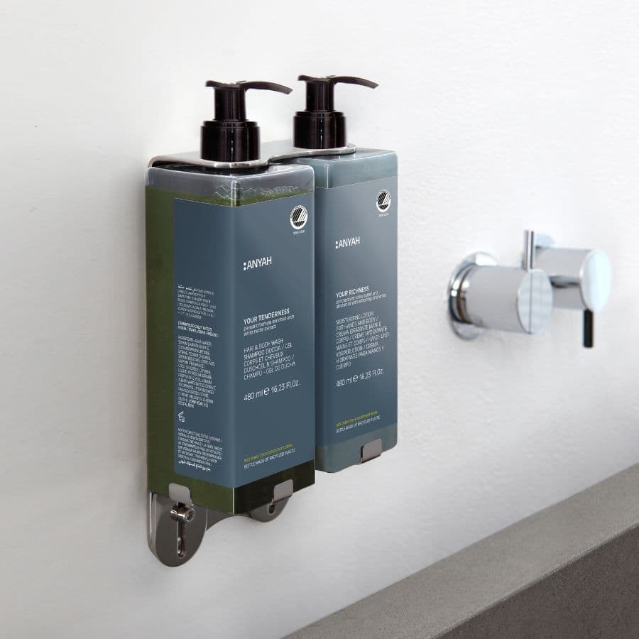 Anyah bottles in double stainless steel pump dispenser brackets