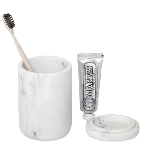 Bentley Toba white marble amenity jar with toothbrush