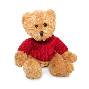 Teddy bear in toffee colour dressed in red sweater