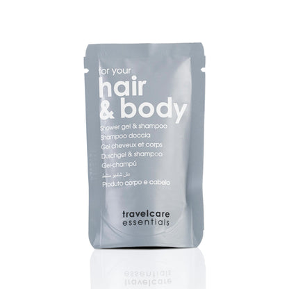 TravelCare Essentials shower gel and shampoo in 20ml doypack