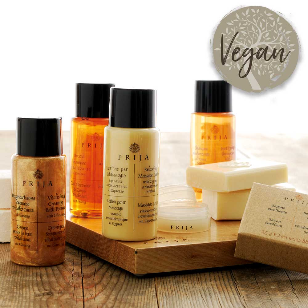 Vegan friendly hotel toiletries collection featuring Prija