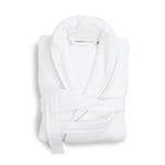 A folded white velour bathrobe with grey piping, a shawl collar and belt, photographed on a clean white background.