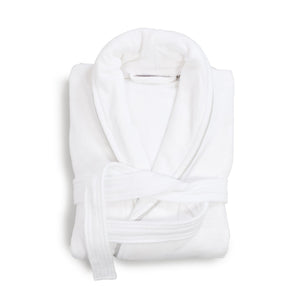 A folded white velour bathrobe with grey piping, a shawl collar and belt, photographed on a clean white background.