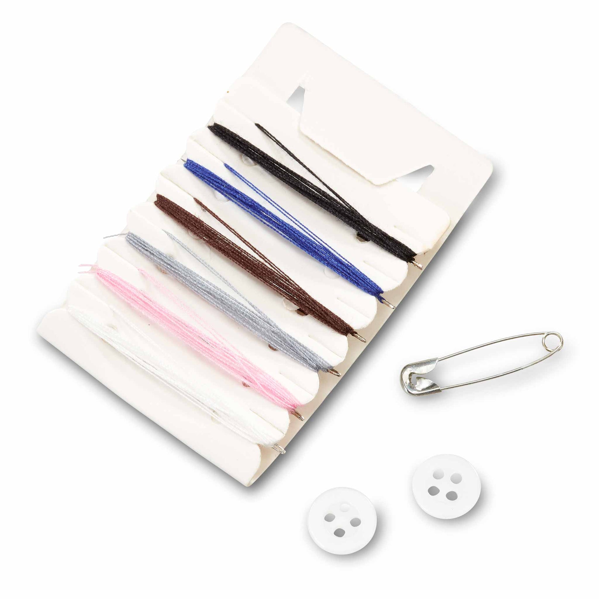 Sewing kit contents including coloured thread, needles, buttons and safety pin
