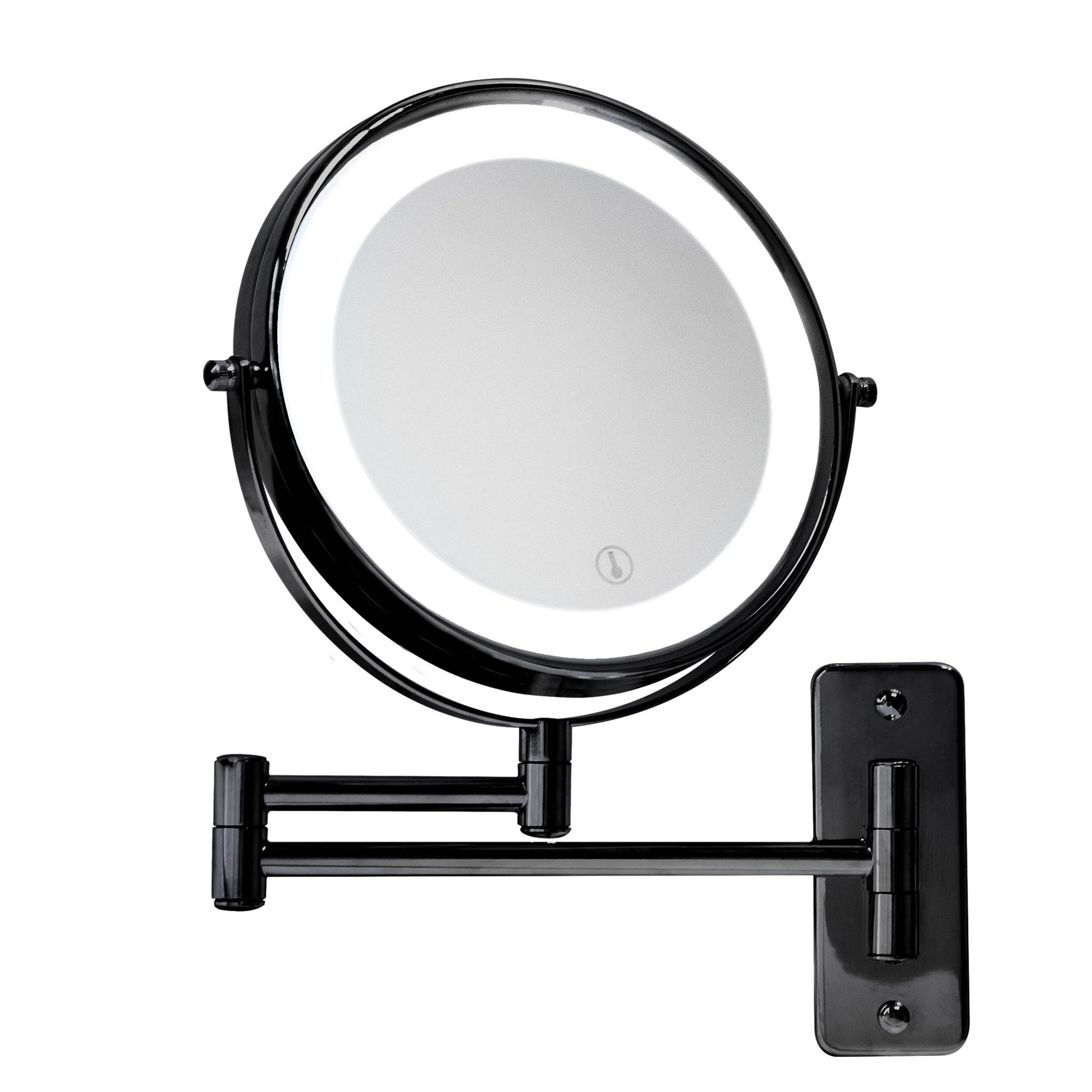 Corby Winchester wall-mounted LED vanity mirror in black chrome with illuminated ring light, touch sensor, and extendable arm for hotel bathrooms