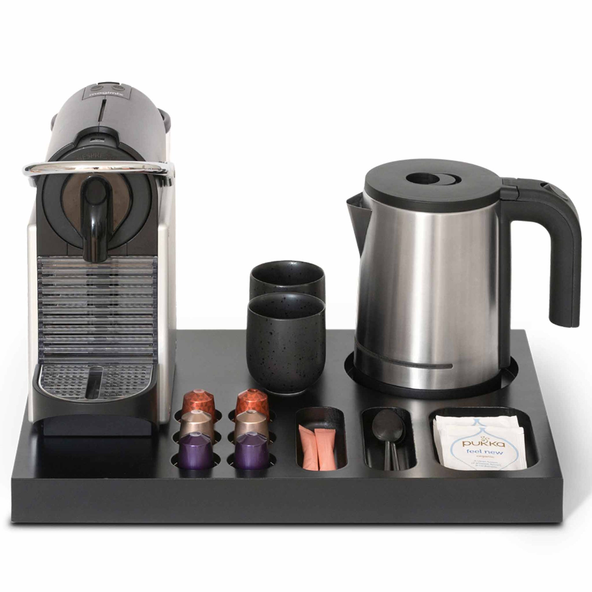 Bentley Xanthic coffee and tea tray in black with kettle and coffee machine