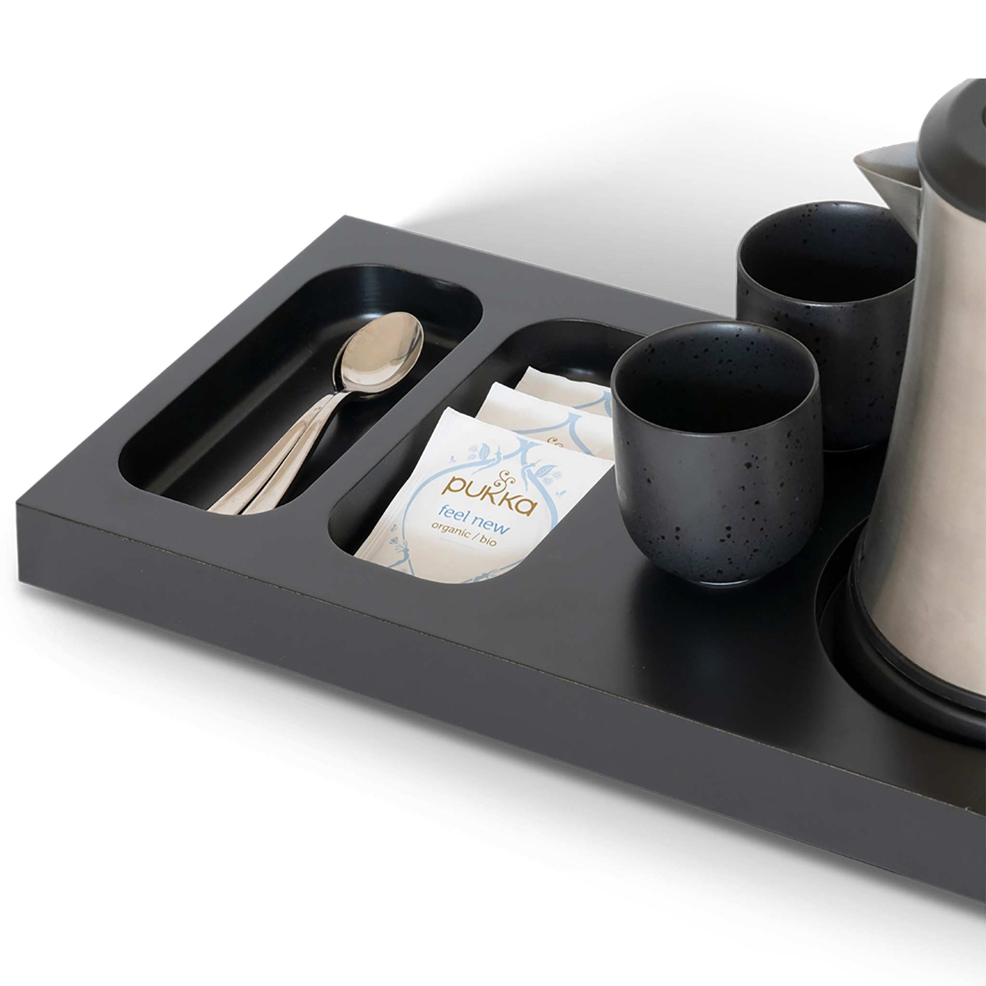 Sachet storage on Xanthic small matt black hospitality tray